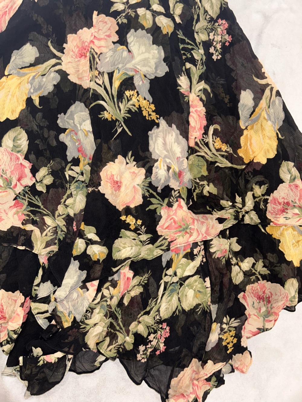 Ralph Lauren vintage silk Black Floral Ruffled Midi Skirt, size 8 - Picture 3 of 5